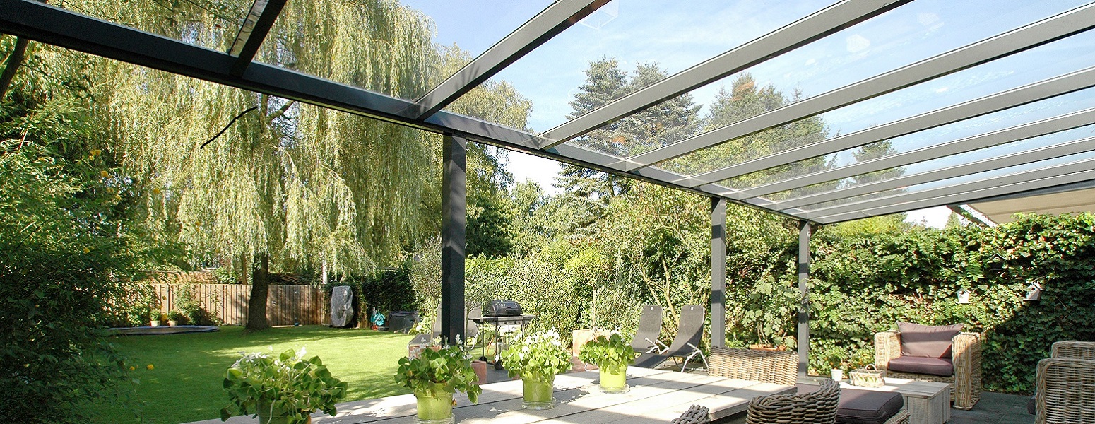 Stobag terrasoverkapping, glas en aluminium, hoogwaardig Zwitserse kwaliteit